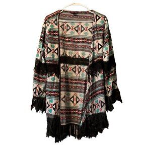 Rock & Roll Cowgirl Size Large Aztec Print Boho Short‎ Duster Western Fringe